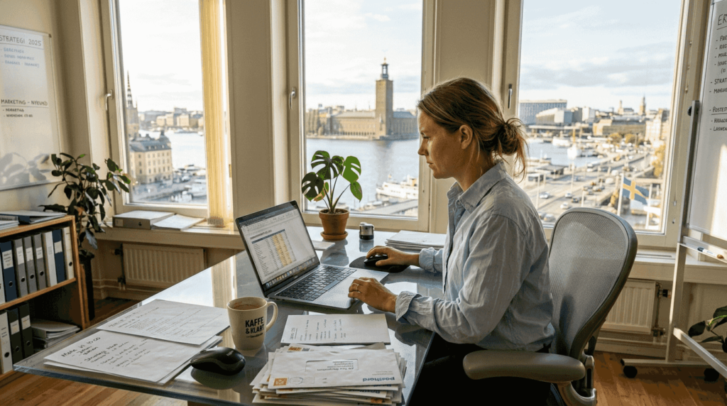 En entreprenör sitter och jobbar vid sin laptop på kontoret.