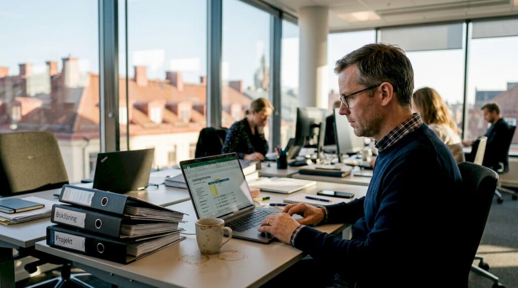 En person sitter vid sitt skrivbord och använder en leasingkalkylator.