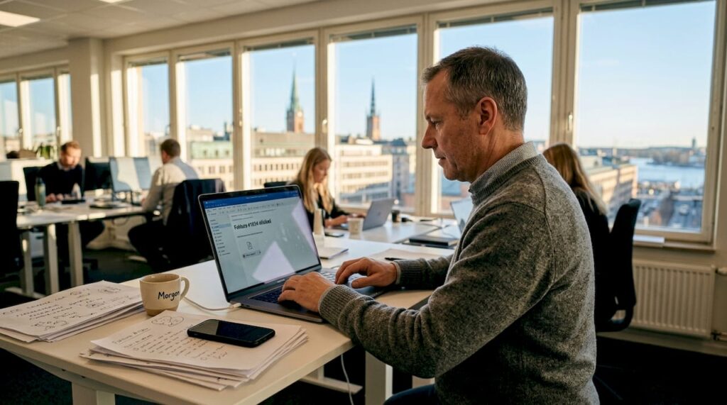 En entreprenör sitter vid skrivbordet och skickar iväg fakturan till kunden.