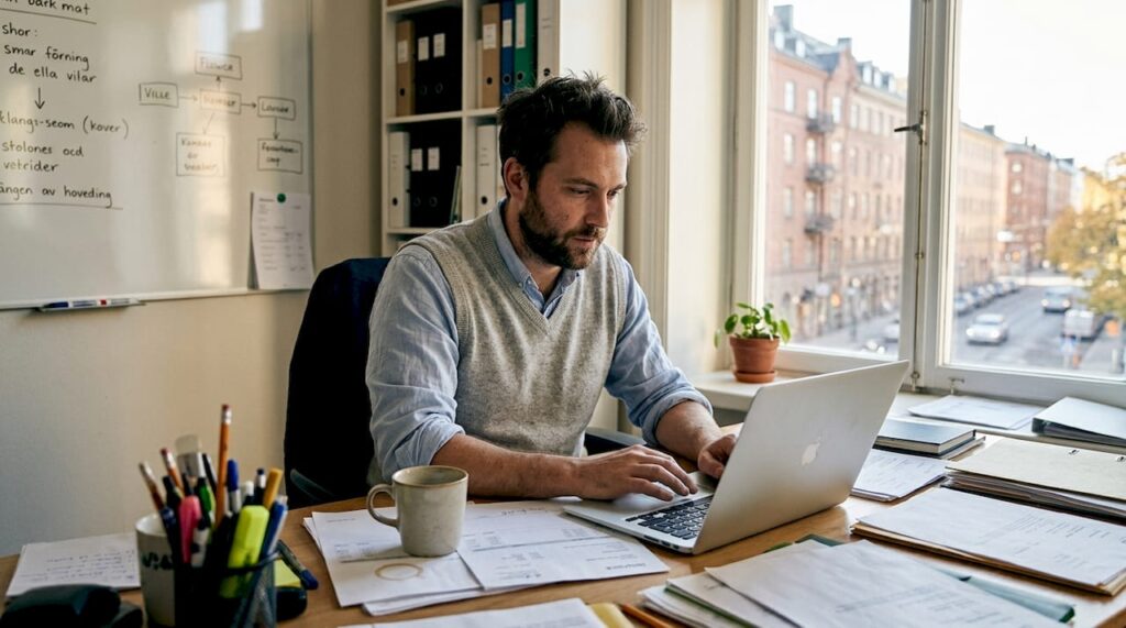 Egenföretagare letar finansieringsmöjligheter vid datorn